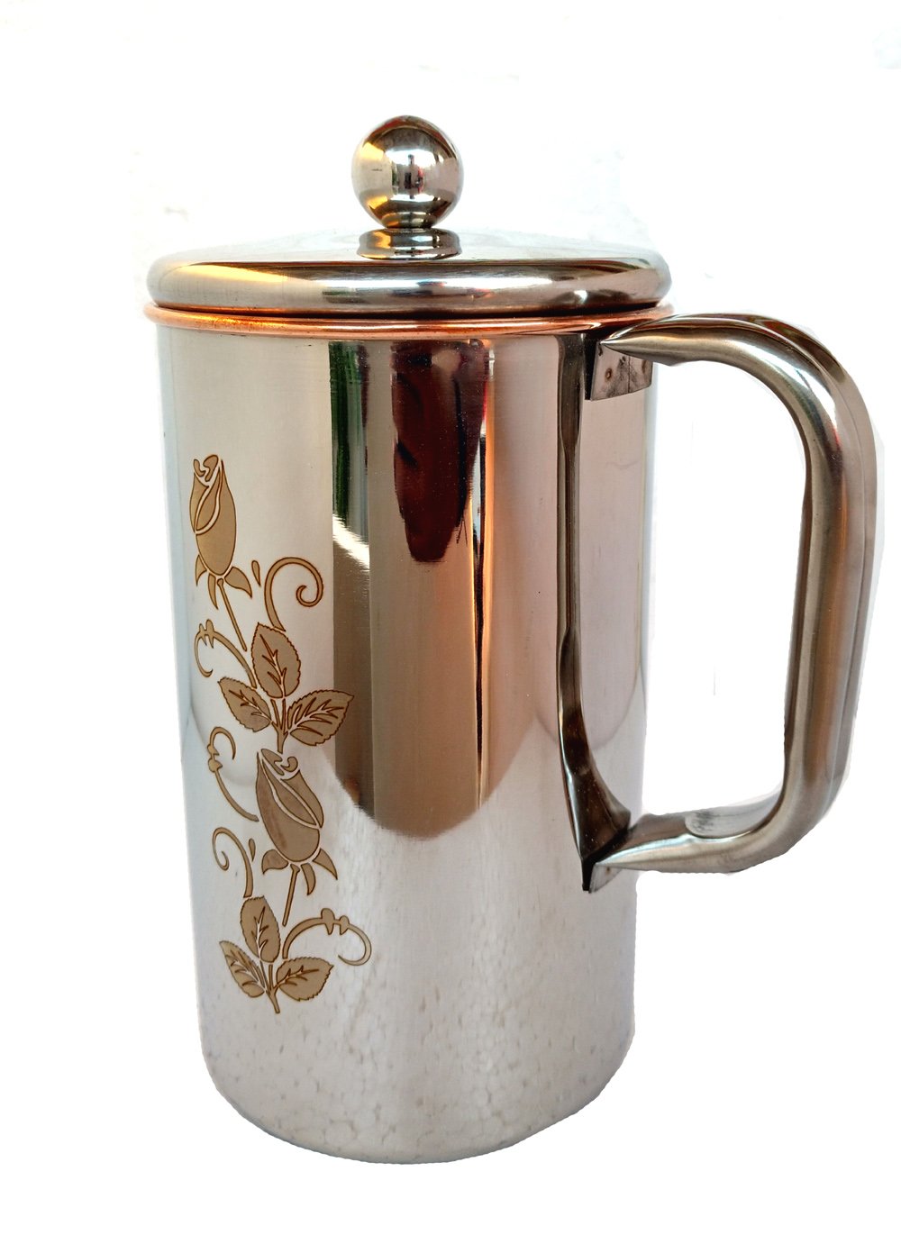 Rastogi Handicrafts Copper Jug Water Pitcher Flower Print Outside Stainless Steel Utensils Inside Copper for Ayurveda Healing - Capacity 1.5 LTR