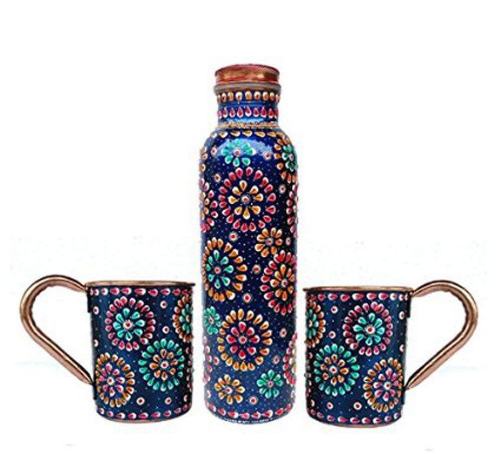 Rastogi Handicrafts Handmade Copper Outer Hand Painted Art Work Water Bottle (Joint Free & leak proof) AND Mug - Cup 16 oz (2) blue