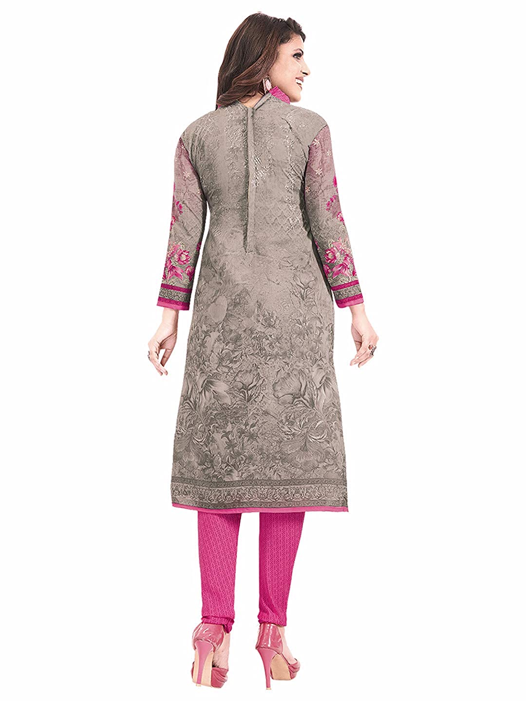 Women's Unstitched Synthetic Crepe Grey & Pink Floral Print Wrinkle Free Dress Material (Grey & Pink_Free Size)