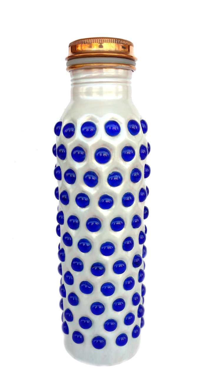 Rastogi Handicrafts White Color Blue Stone Fixed Joint Less Water Bottle 950 ml Capacity with Expedited Shipping