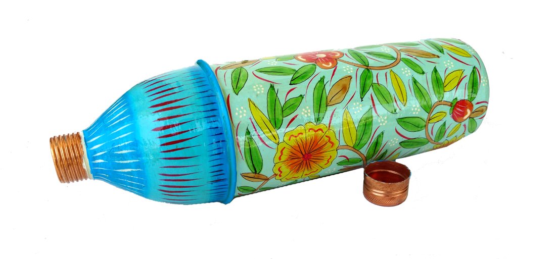 Rastogi Handicrafts Pure Copper Hand Painted Water Bottle Tumbler,Bislari Yellow Flower Hand Work (750 ml)