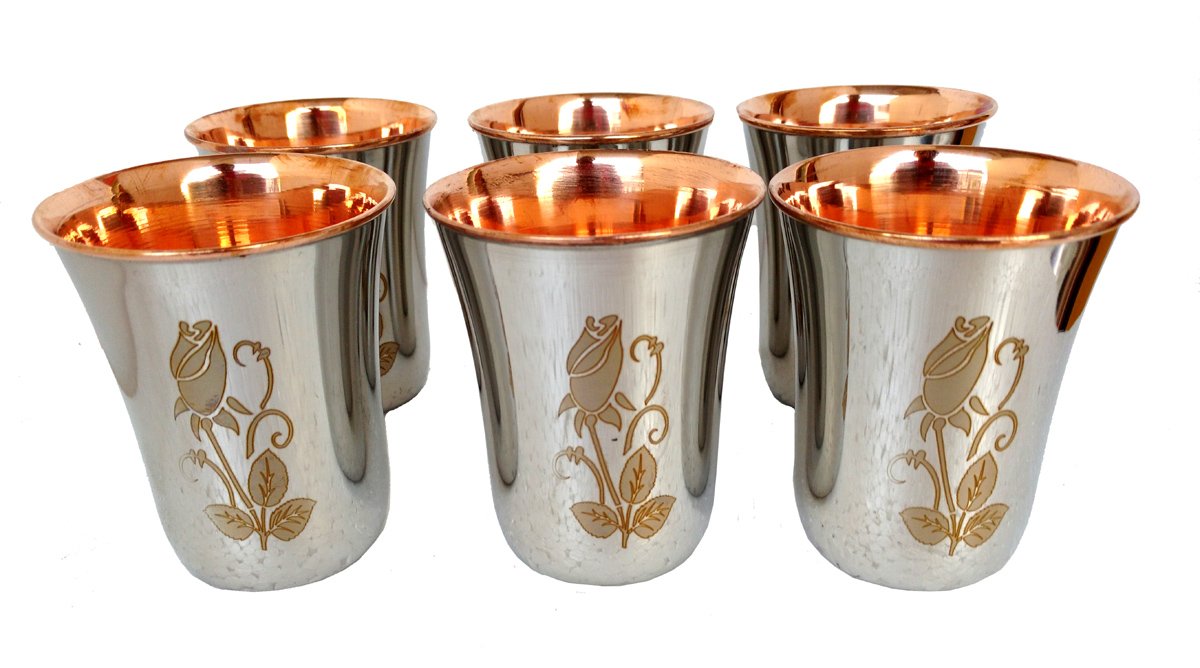 Rastogi Handicrafts set of 6 Flower Printed Handmade Copper Tumbler Outer Stainless steel Copper water glass for health benefits Steel Copper Luxary