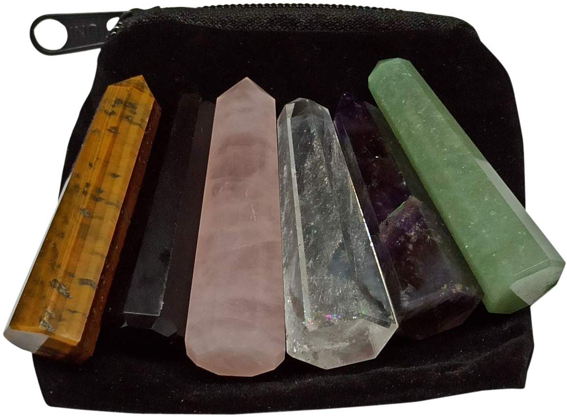 WholesaleGemShop 6pcs Chakra Healing Crystal Points Wands Set Natural Amethyst Rose Quartz Crystal Points Polished Tumbled Stone for Home Decor Reiki Healing