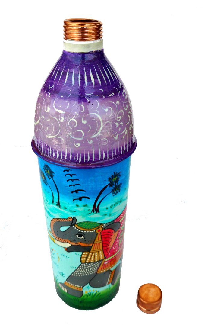 Rastogi Handicrafts Pure Copper Hand Painted Elephant Theme Water Bottle Tumbler,Bislari (750 ml)