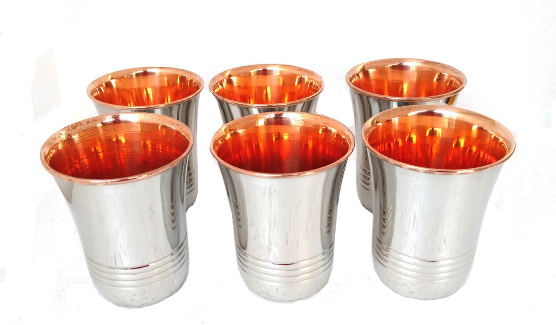 Rastogi Handicrafts Handmade Copper Tumbler Outer Stainless steel Copper water glass for water drink, set of 6 Steel Copper Luxury looking