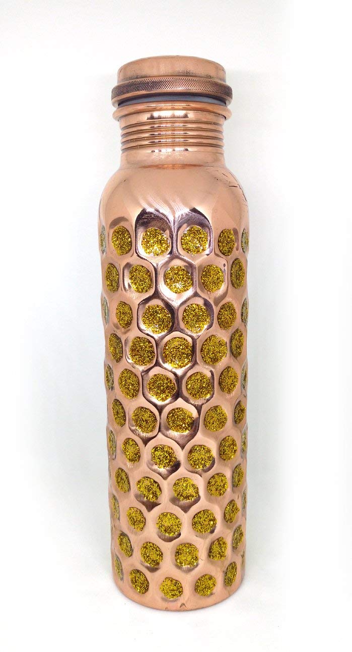 Rastogi Handicrafts Pure Copper Hammered Hand Painted Water Bottle 950 ml / 33 oz Capacity NEW HEAVY LACQUER COATED (GOLDEN SHINE)