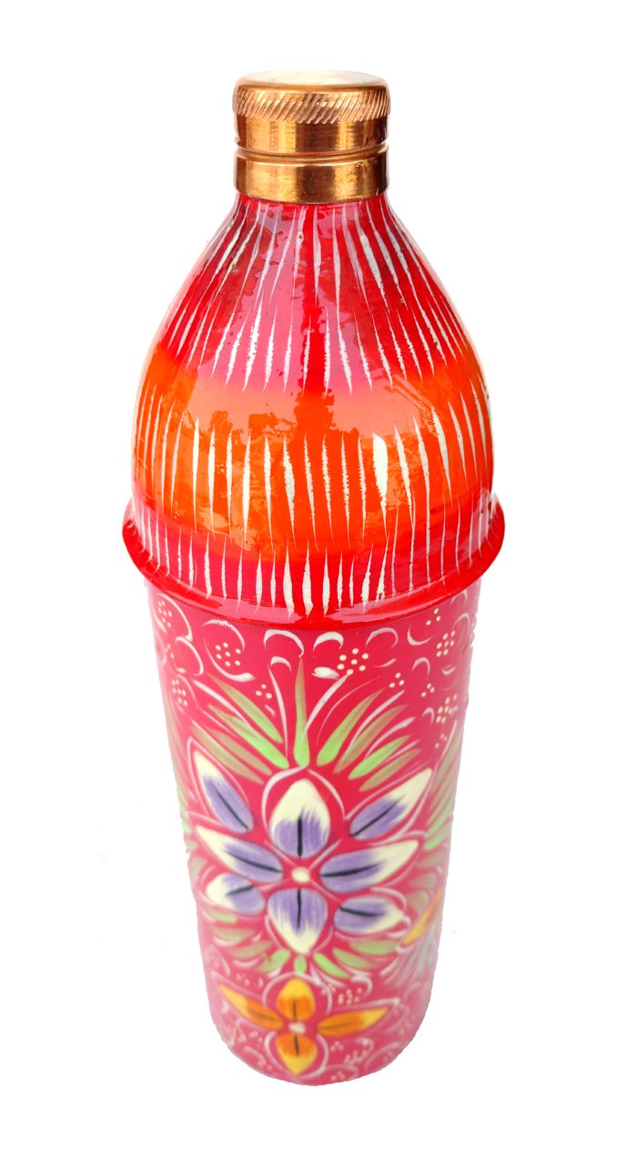 Rastogi Handicrafts Pure Copper Hand Painted Water Bottle Tumbler,Bislari Pink Flower Hand Work (750 ml )