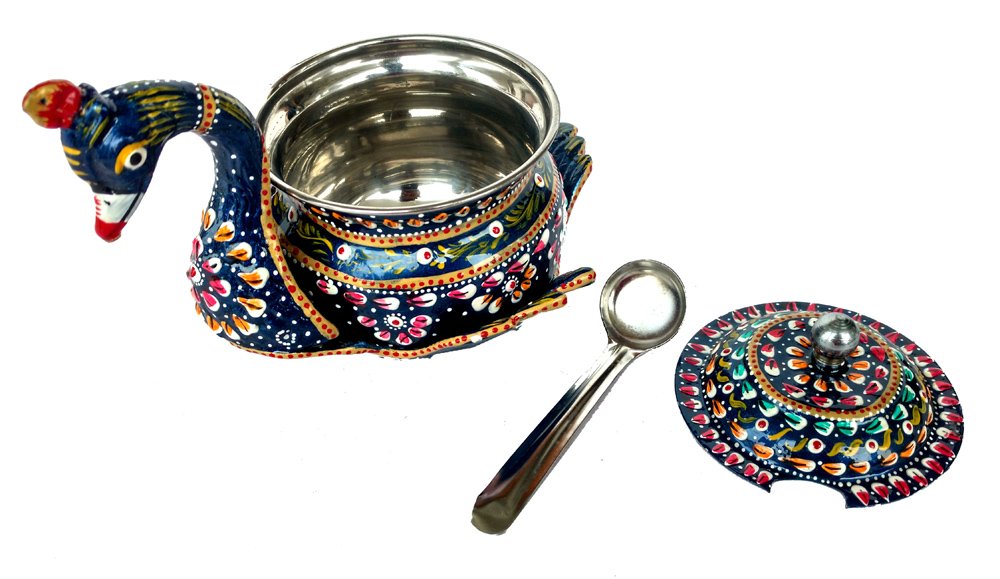 Rastogi Handicrafts Steel Hand Painted Platter Container ,Kitchen Storage Bowl With spoon and lid Dry Fruit Bowl Serving Diwali Christmas Gifts SIZE - (4X4X6 INCH )