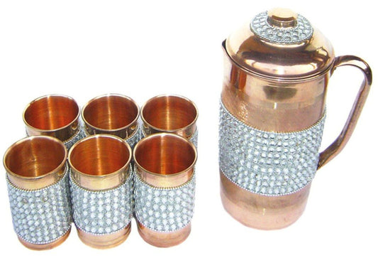 Rastogi Handicrafts Pure Copper Silver Crystal Studded Jug & 6 Glass Set