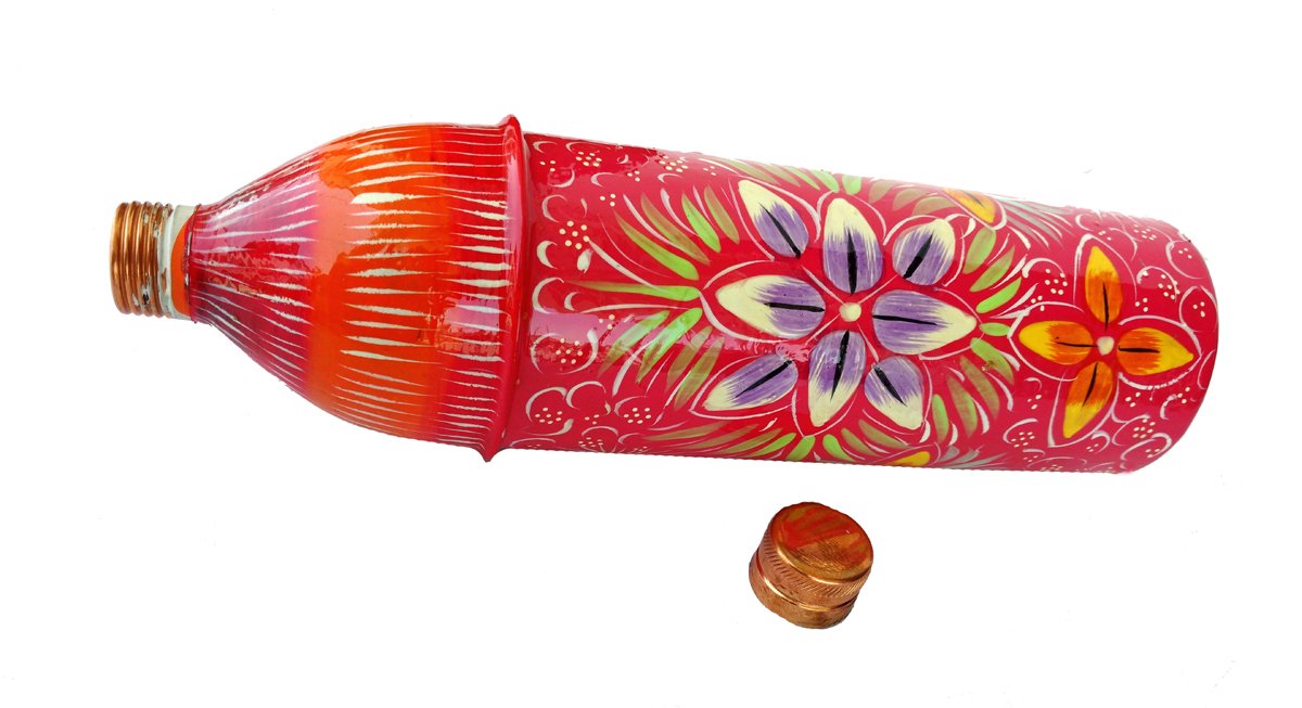 Rastogi Handicrafts Pure Copper Hand Painted Water Bottle Tumbler,Bislari Pink Flower Hand Work (750 ml )