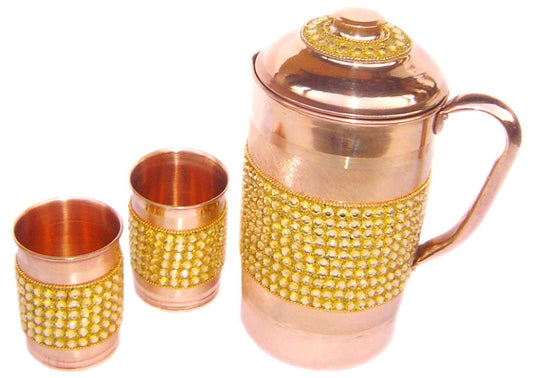 Rastogi Handicrafts Pure Copper Golden Crystal Studded Jug & 2 Glass Set