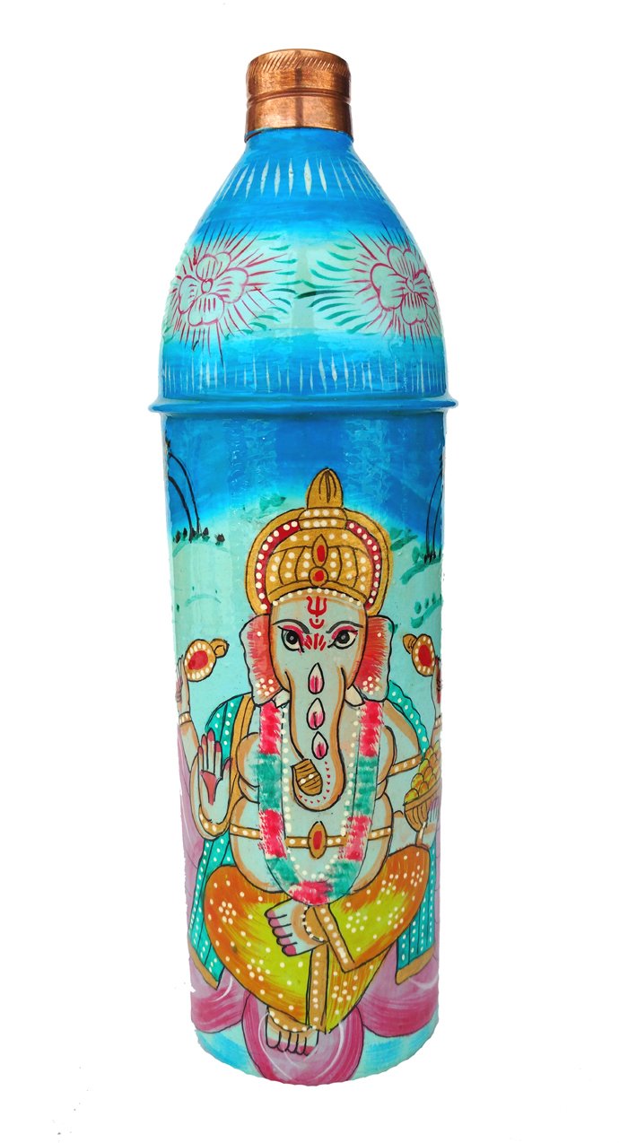 Rastogi Handicrafts Pure Copper Hand Painted Water Bottle Tumbler,Bislari Indian Traditional Style Ganesh Hand Work (750 ml)