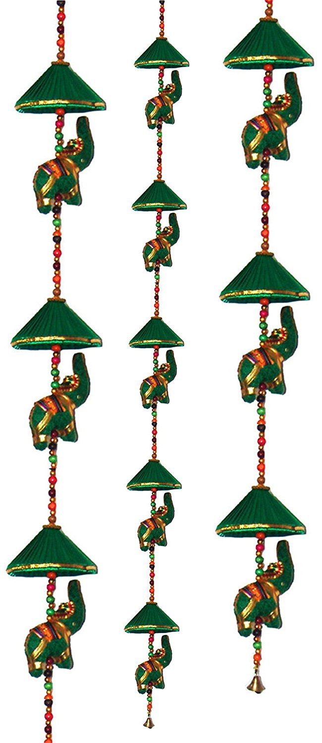 RASTOGI HANDICRAFTS Decorative Cotton Elephant & Circlet Stringed with Color Beads and Brass Wall Hanging Bell GREEN