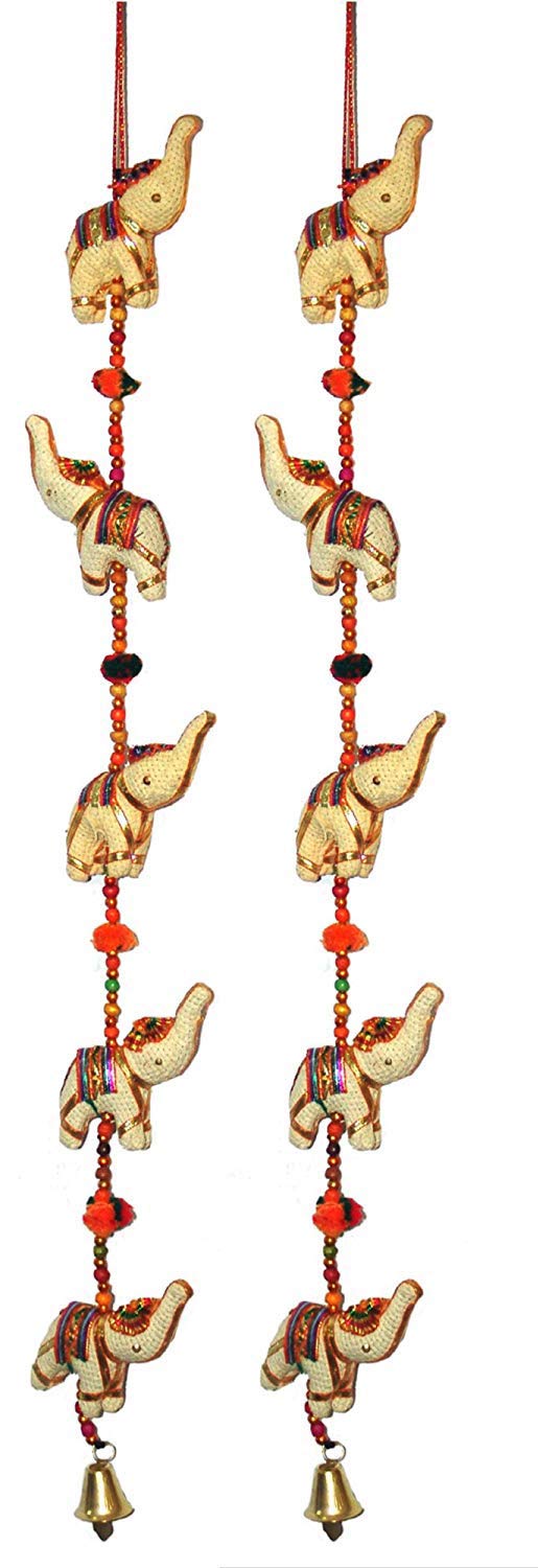 Rastogi Handicrafts Door Hanging Decorative Cotton Elephants Ivory Stringed with Beads and Brass Bell Set of 2 Pcs