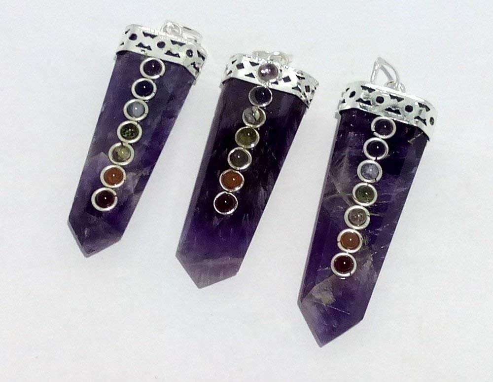 WholesaleGemShop LOT of(3) Three Amethyst Flat Chakra Pendant Healing Spiritual Divine Fashion Jewelry Crystal Therapy