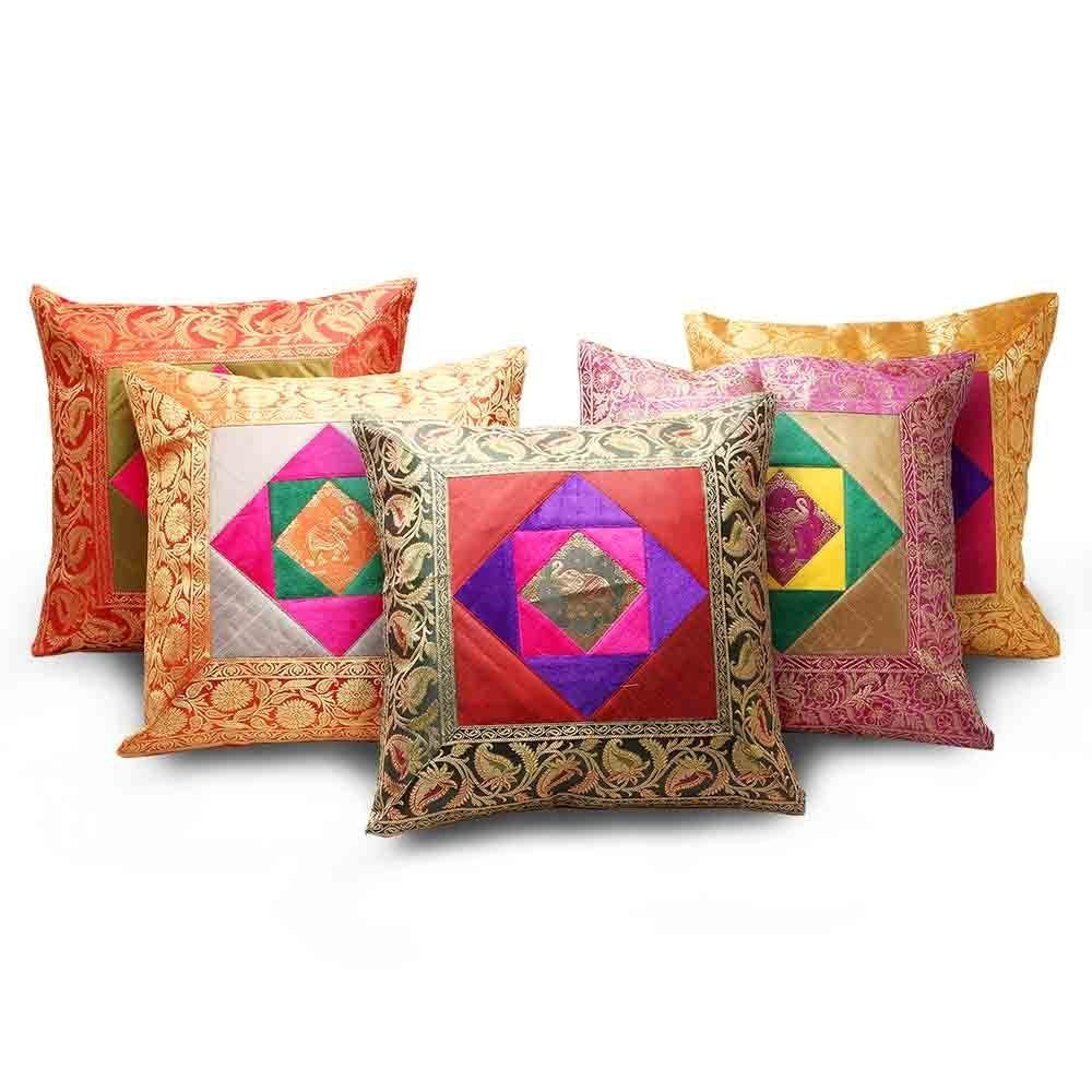 Rastogi Handicrafts Home Bed Cushion Cover Sofa Elephant Throw Pillow Zari Brocade Pretty Accent 16" Set of 5 Multi Colored