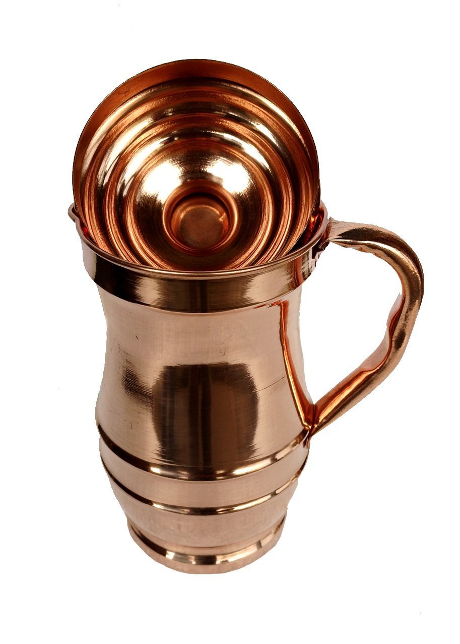 Rastogi Handicrafts Pure Copper Jug With 2 Glass Drink ware set Pitcher Tumbler/EXPEDITED SHIPPING WITH BAG (Maharaja Jug)