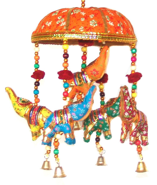 Indian Traditional Elephant Orange Umbrella Hanging Layer Of Five Elephant Door Hanging, Decorative Hanging