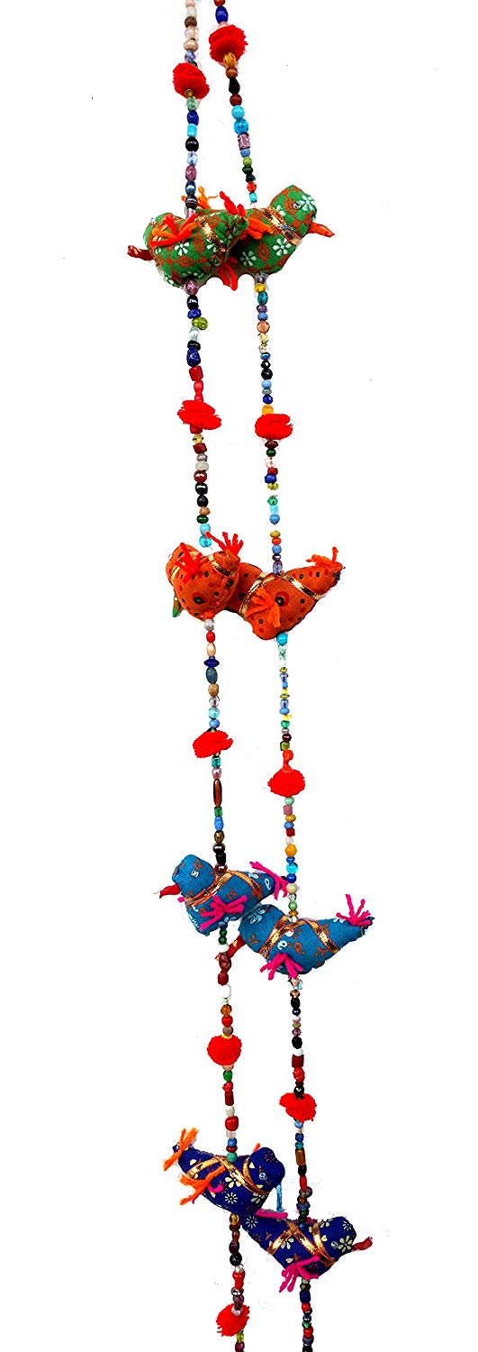 Door Hanging Decorative Cotton Birds in Vibrant Color Stringed with Beads and Bell !! 5-Bird Bell Tota Traditional Indian Hanging Decoration 2 Layer