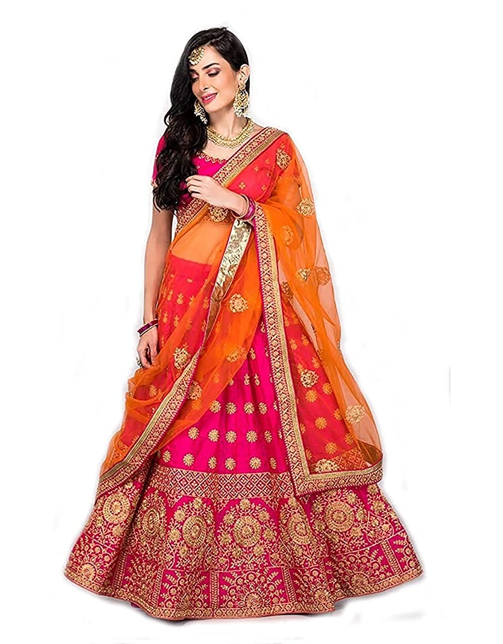 Women's Tafetta Silk Semi Stitched Lehenga Choli (Pink_Free Size)