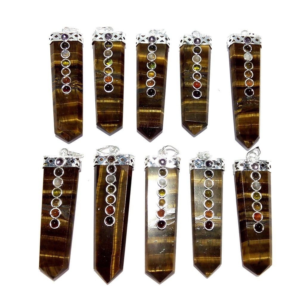 WholesaleGemShop LOT of(3) Three Tiger Eye Flat Chakra Pendant Healing Spiritual Divine Fashion Jewelry Crystal Therapy