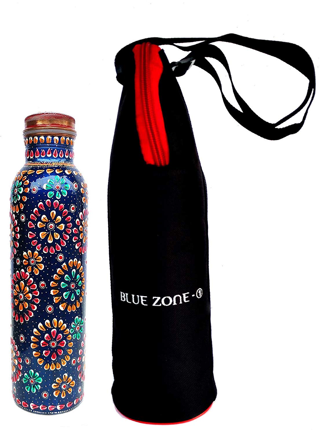 Rastogi Handicrafts Pure Copper Water Bottle for (Joint Free & leak proof) Hand Painted Art Work, With a Insulated Bag