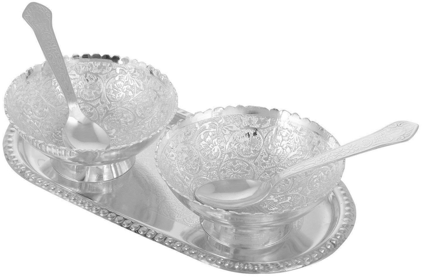 Rastogi Handicrafts Silver Plated Round Shaped Bowl and Tray Set Dry Fruit Bowl Set, Diwali, Christmas, Festival Gifts, Set