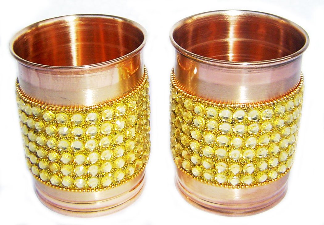 Rastogi Handicrafts Pure Copper Golden Crystal Studded Glass Set