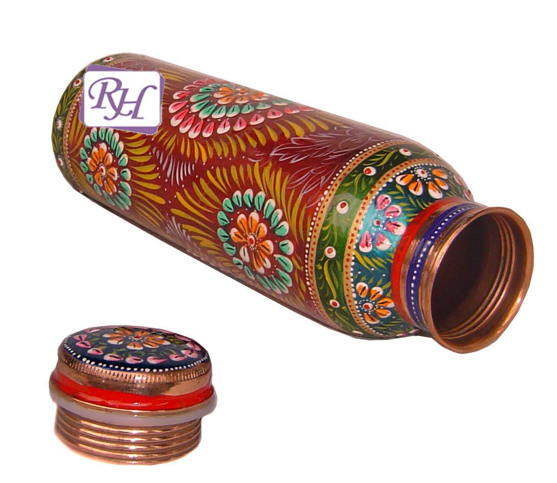 Rastogi Handicrafts Pure copper Hand painted bottle Red capacity 33oz / 950 ml for drinking water storage/yoga bottle