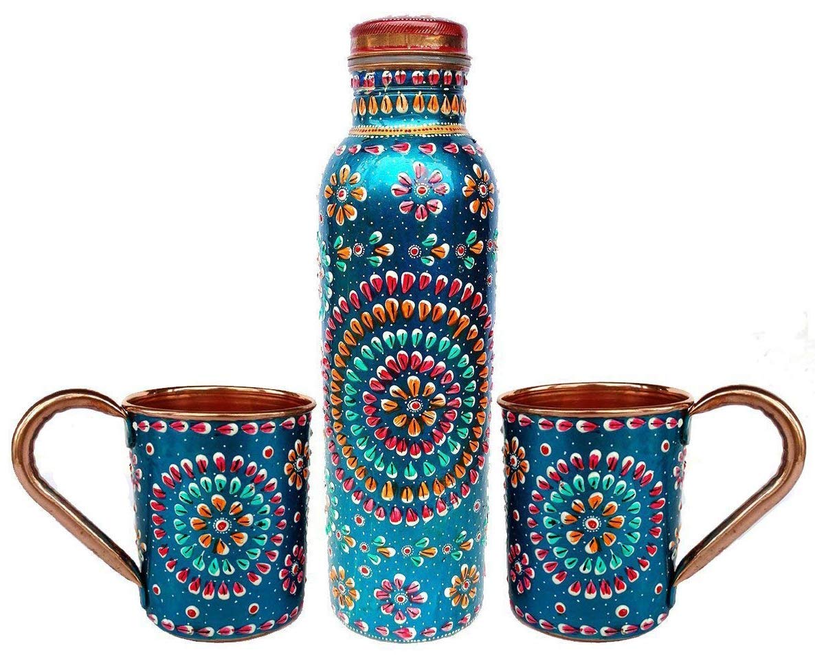 Rastogi Handicrafts Handmade Copper Outer Hand Painted Art Work Water Bottle (Joint Free & leak proof) and Mug - Cup 16 oz (2) Terquoise color