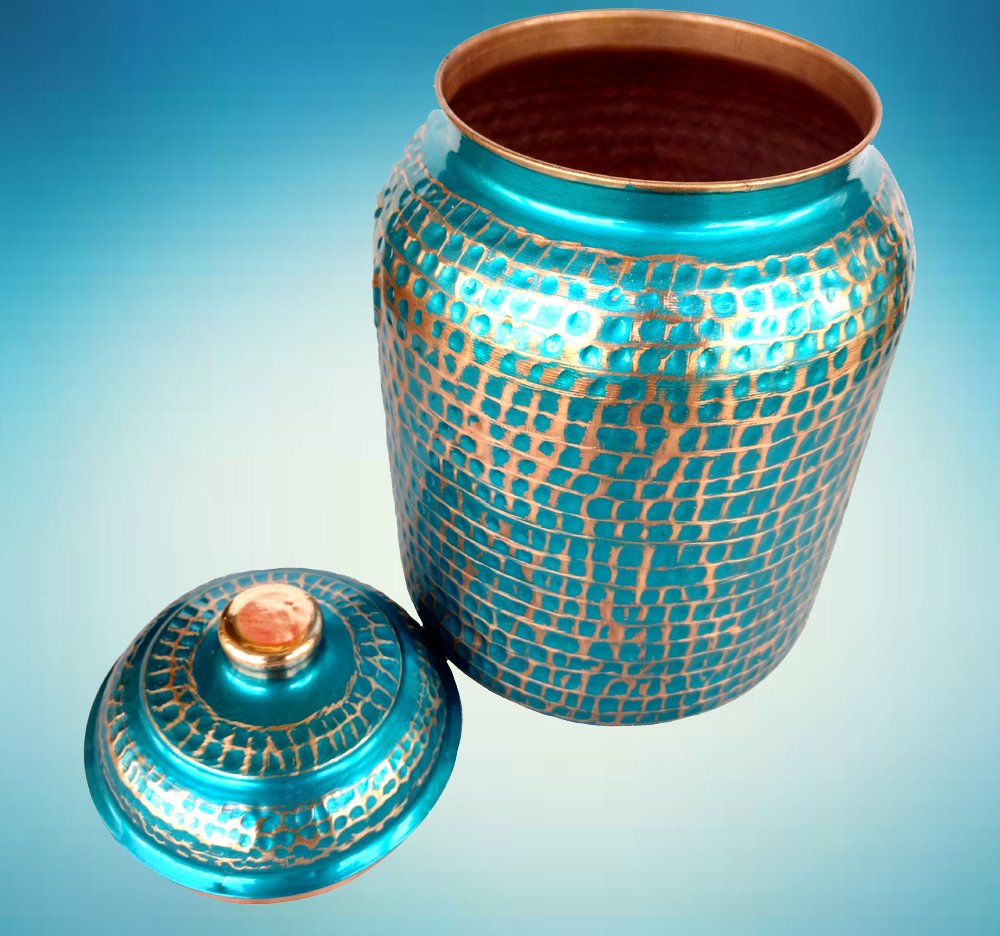 Rastogi Handicrafts pure copper Hammered water storage Tank pot 7 liter capacity with free Tumble and Copper Bottle