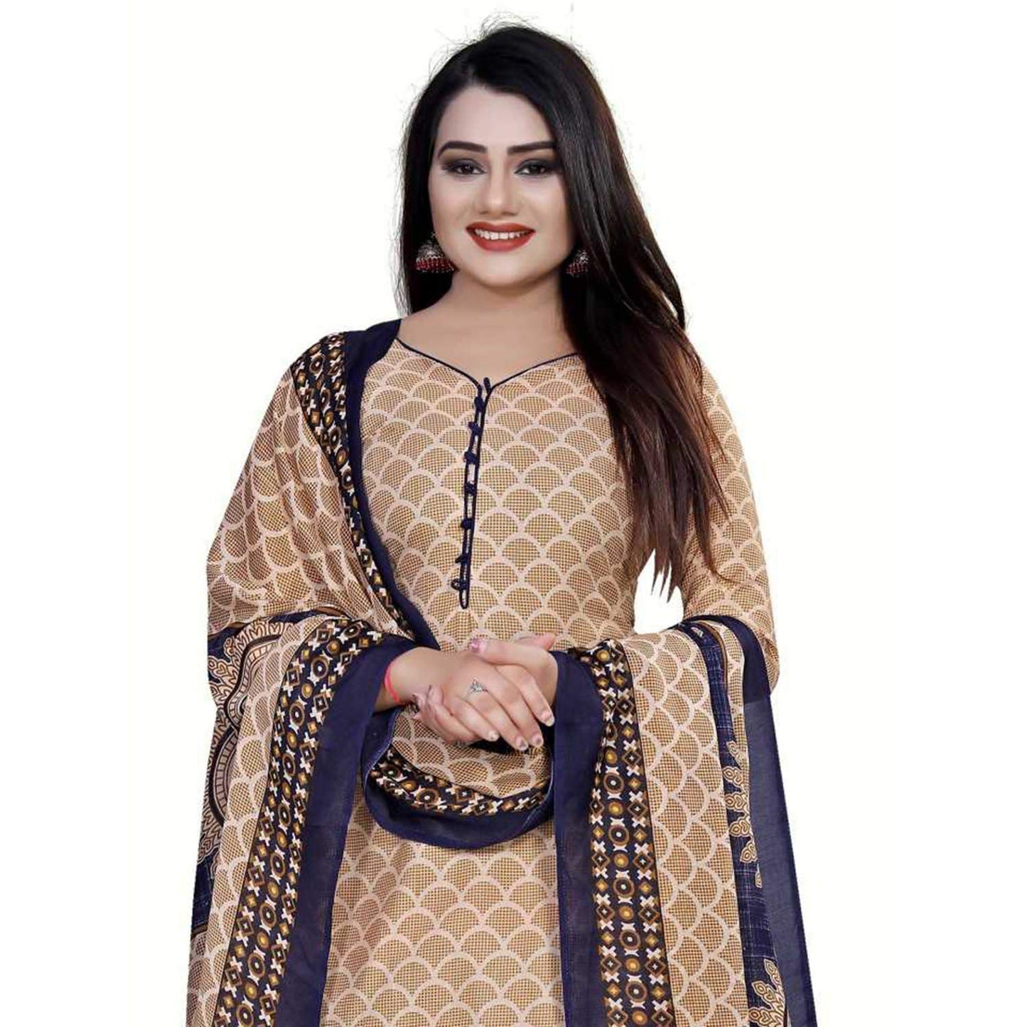 Women's Cotton Unstitched Salwar Suit (Beige_Free Size)