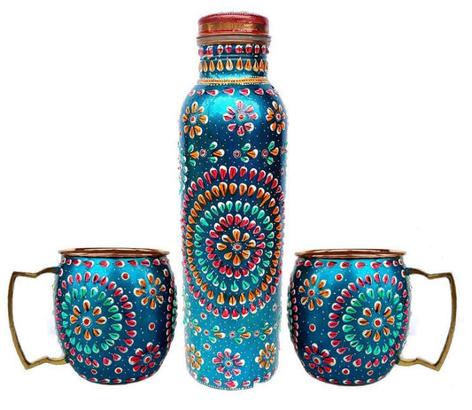 Rastogi Handicrafts Handmade Copper Outer Hand Painted Art Work terquoise color Water Bottle (Joint Free & leak proof) and Mug - Cup 16 oz (2)