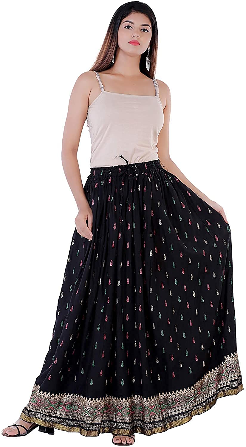 Women's Ethnic Printed Rayon Long Skirt with Border | Free Size