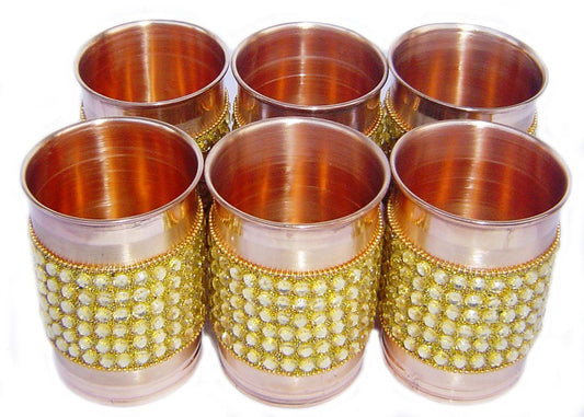 Rastogi Handicrafts Pure Copper Golden Crystal Studded Glass Set