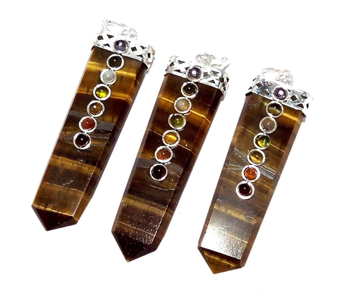 WholesaleGemShop LOT of(3) Three Tiger Eye Flat Chakra Pendant Healing Spiritual Divine Fashion Jewelry Crystal Therapy