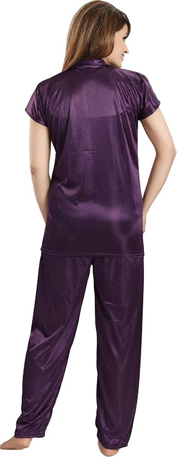 Women's Plain Satin Night Suit (Shirt and Pyjama)