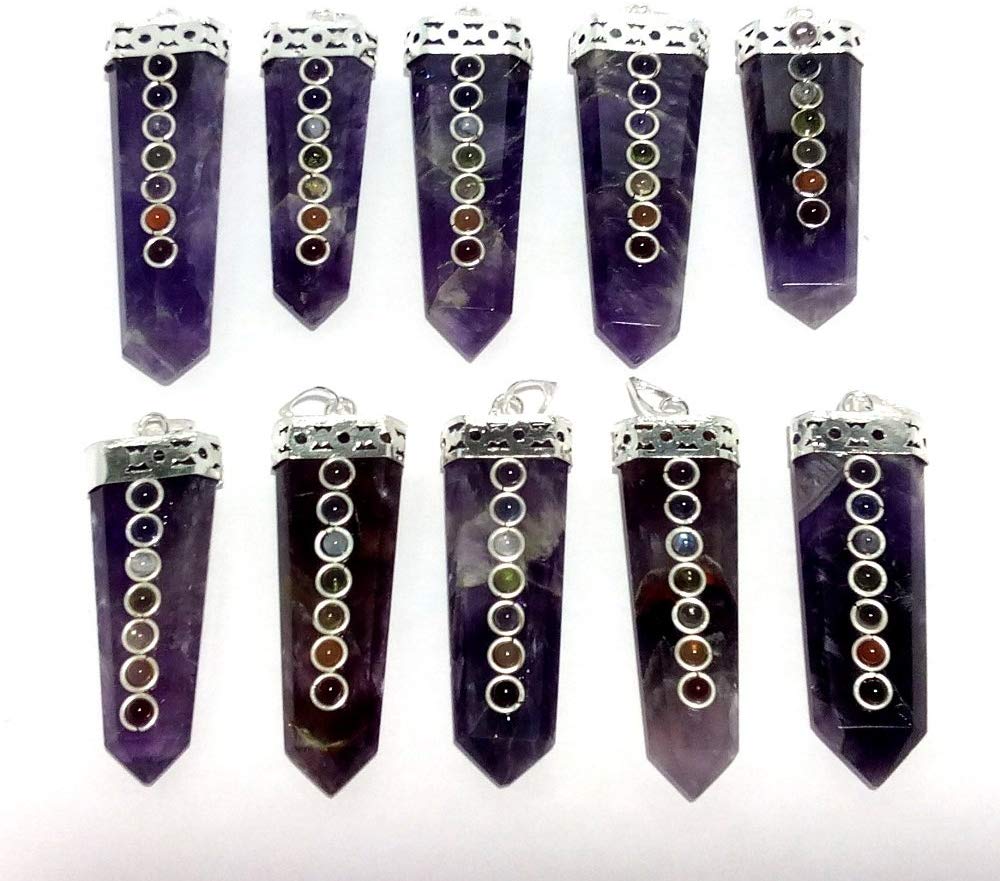 WholesaleGemShop LOT of(3) Three Amethyst Flat Chakra Pendant Healing Spiritual Divine Fashion Jewelry Crystal Therapy