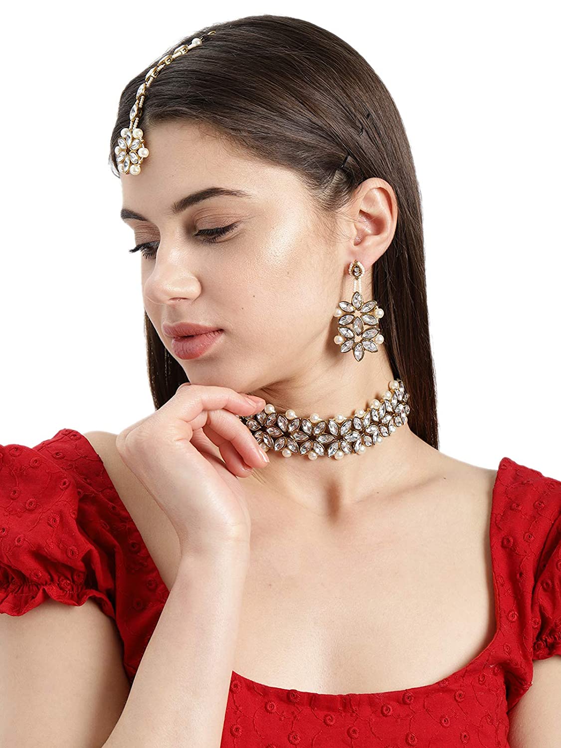 Traditional Crystal Shine Stones & Pearls Choker Necklace Set For Women