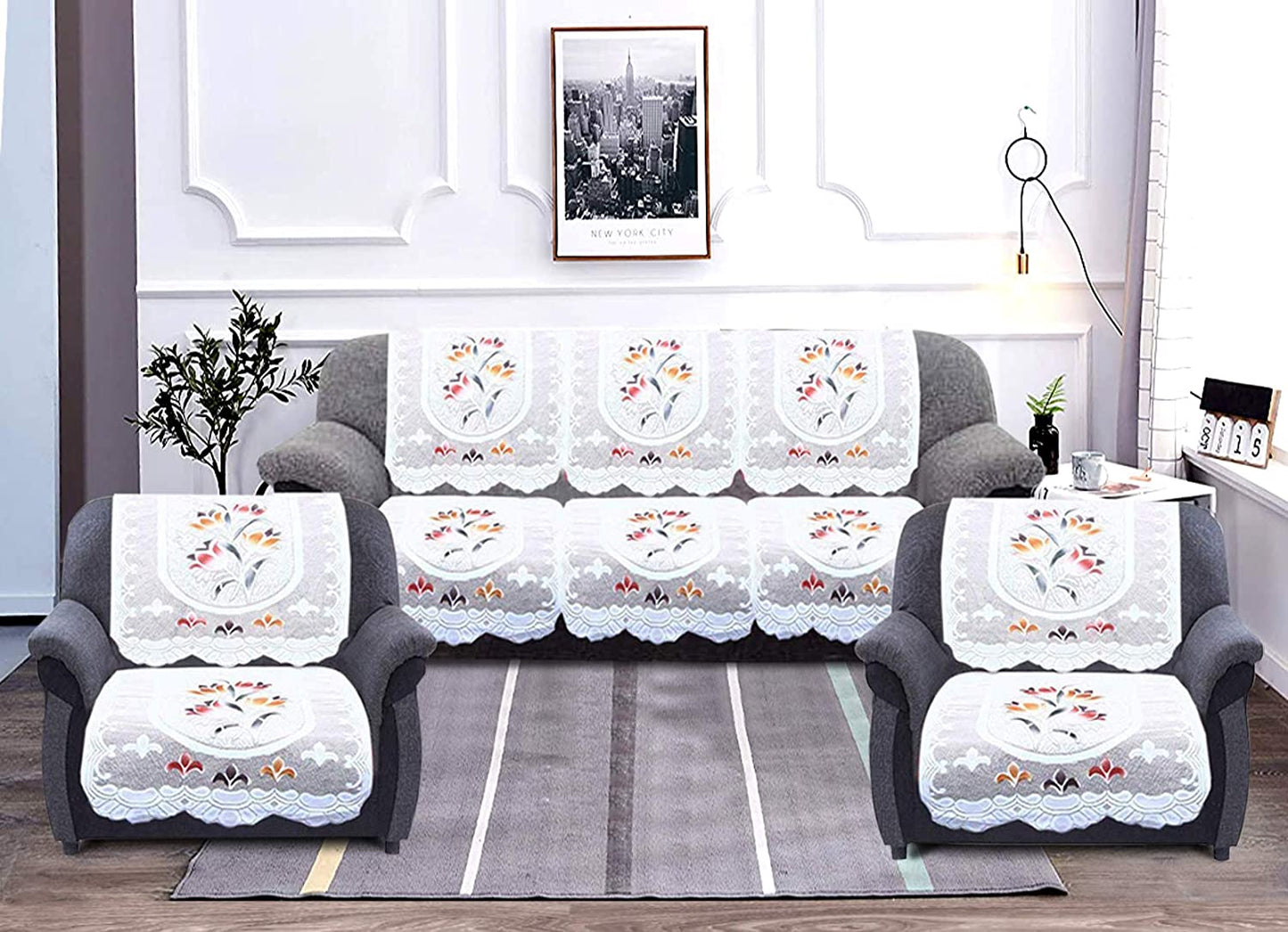 Flower Print Cotton 5 Seater Slip Sofa Cover Set, 178x74x1 cm - 6 Piece (Cream), Floral