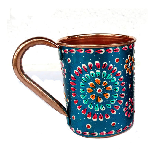 Rastogi Handicrafts Handmade Copper Outer Hand Painted Art Work Water Bottle (Joint Free & leak proof) and Mug - Cup 16 oz (2) Terquoise color