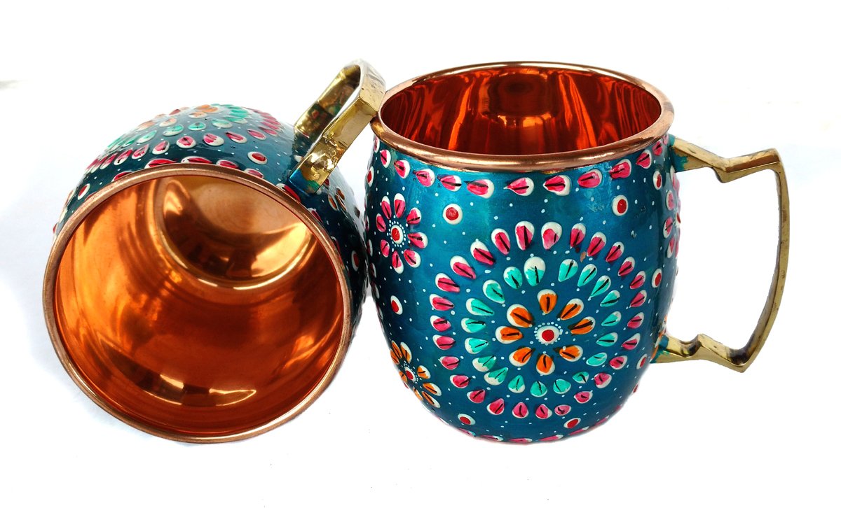 Rastogi Handicrafts Handmade Copper Outer Hand Painted Art Work terquoise color Water Bottle (Joint Free & leak proof) and Mug - Cup 16 oz (2)