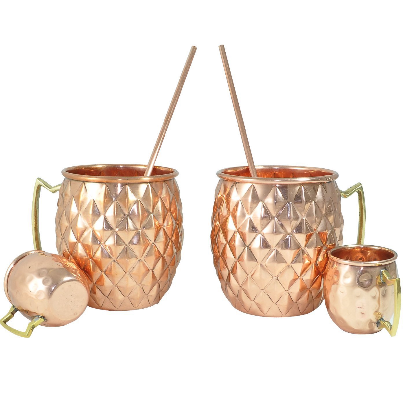 Rastogi Handicrafts Diamond Cut Copper Beer,Wine,Vodka Mug (Capacity 16.90 oz) With Copper Shot Mug (Capacity - 2 oz pr glass) And Copper Straw, Set of 2