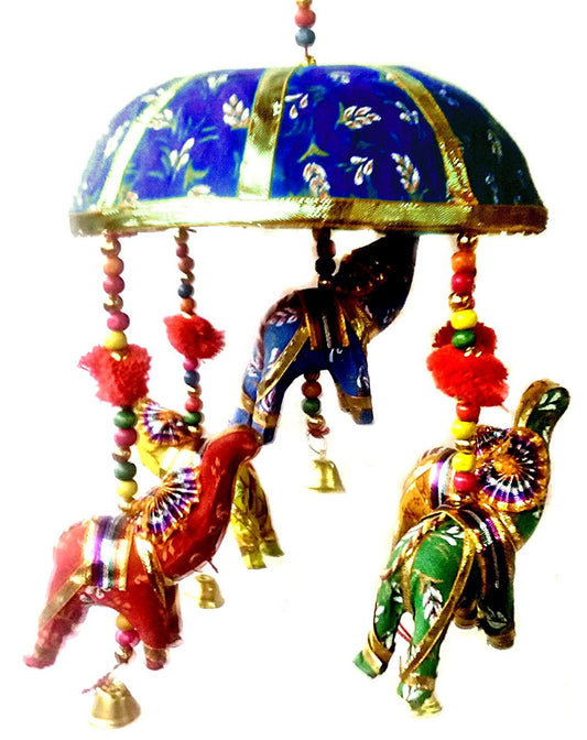 Rastogi Handicrafts Indian Traditional Elephant Blue Umbrella Hanging Layer of Five Elephant