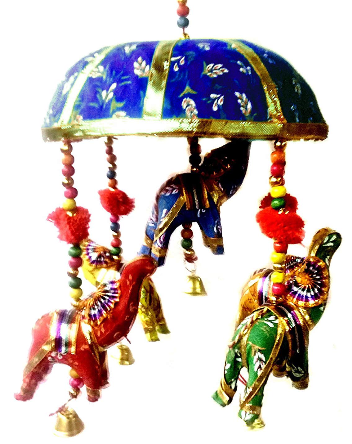 Rastogi Handicrafts Indian Traditional Elephant Blue Umbrella Hanging Layer of Five Elephant Door Hanging, Decorative Hanging