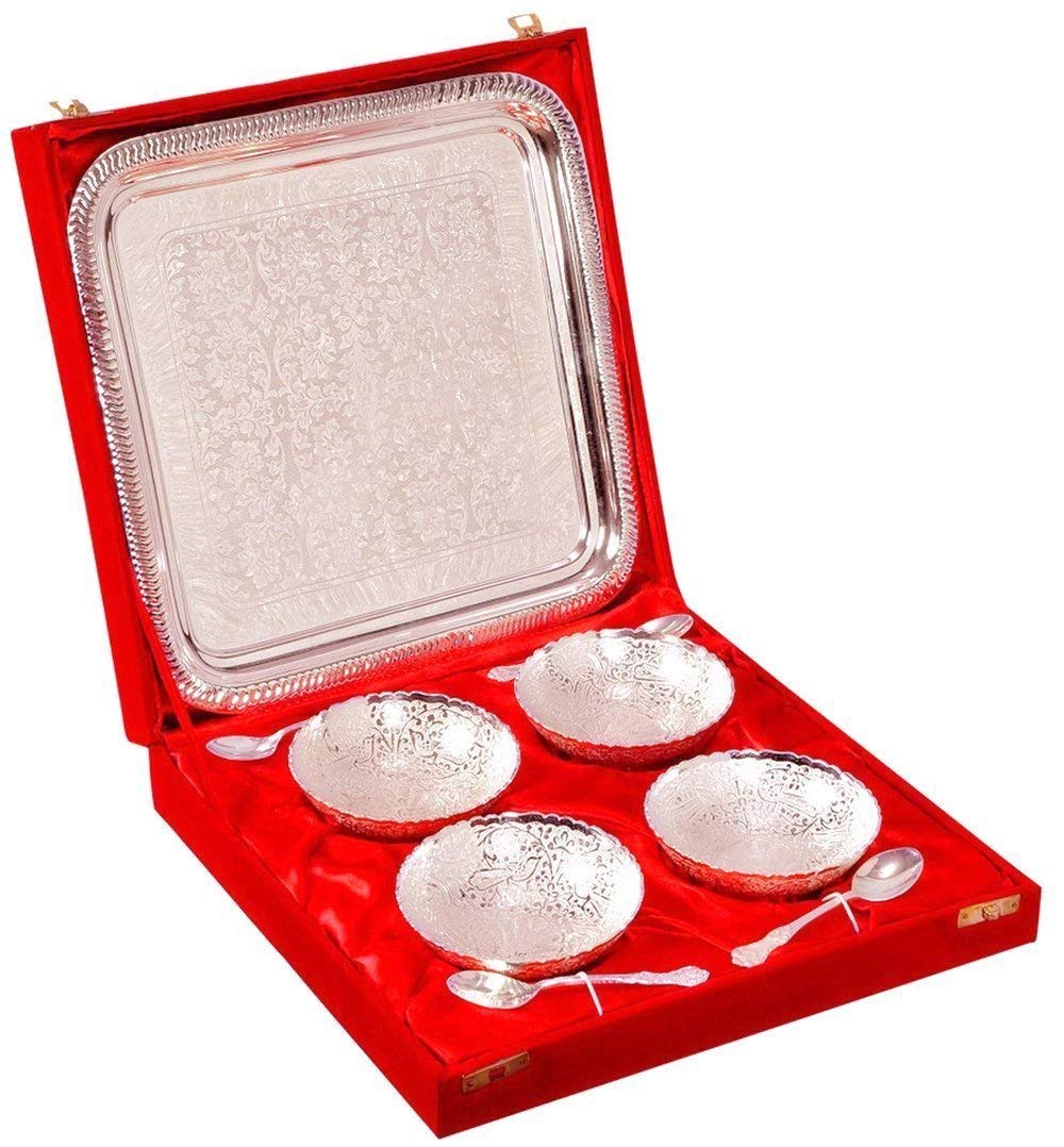 Rastogi Handicrafts Silver plated 4 bowls,Spoons 1 Tray serving bowl set Christmas gift item