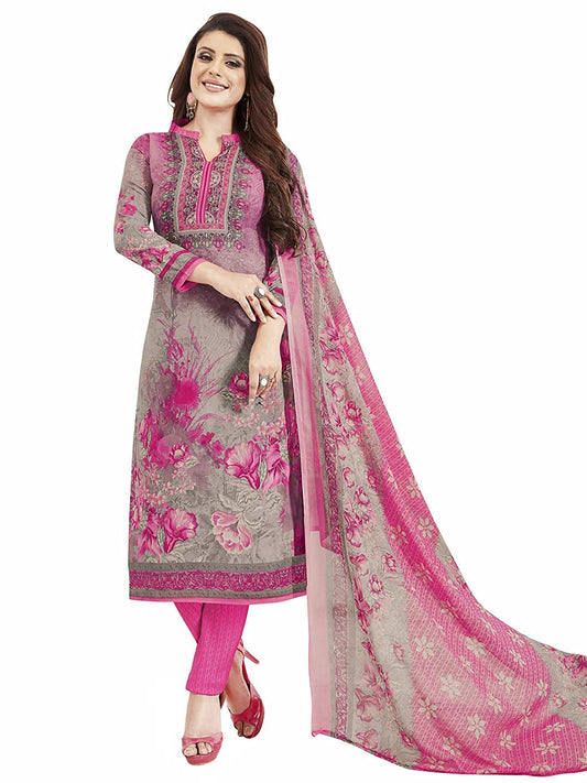 Women's Unstitched Synthetic Crepe Grey & Pink Floral Print Wrinkle Free Dress Material (Grey & Pink_Free Size)