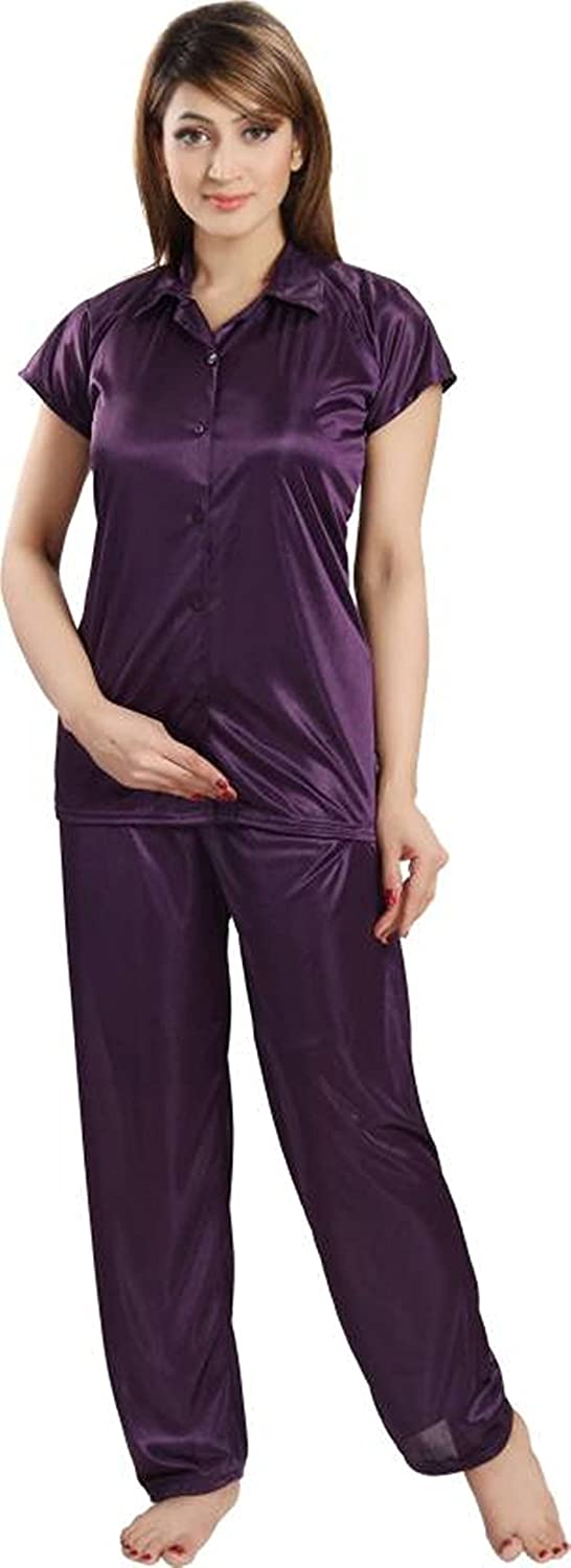 Women's Plain Satin Night Suit (Shirt and Pyjama)