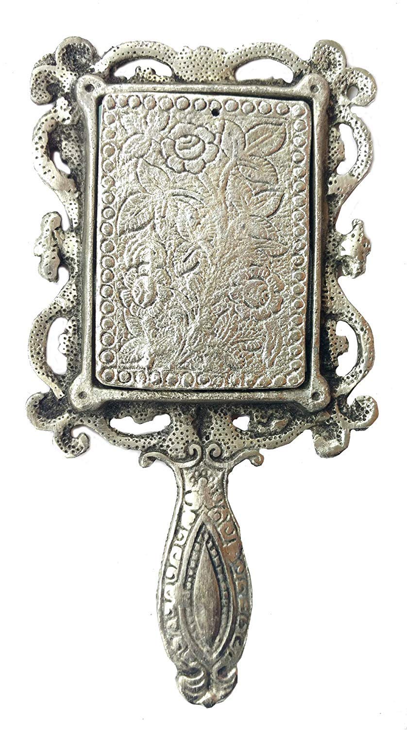 Rastogi Handicrafts German Silver Tone Purse Mirror Hand Mirrors Lovely Antique Actress Mack-up kit