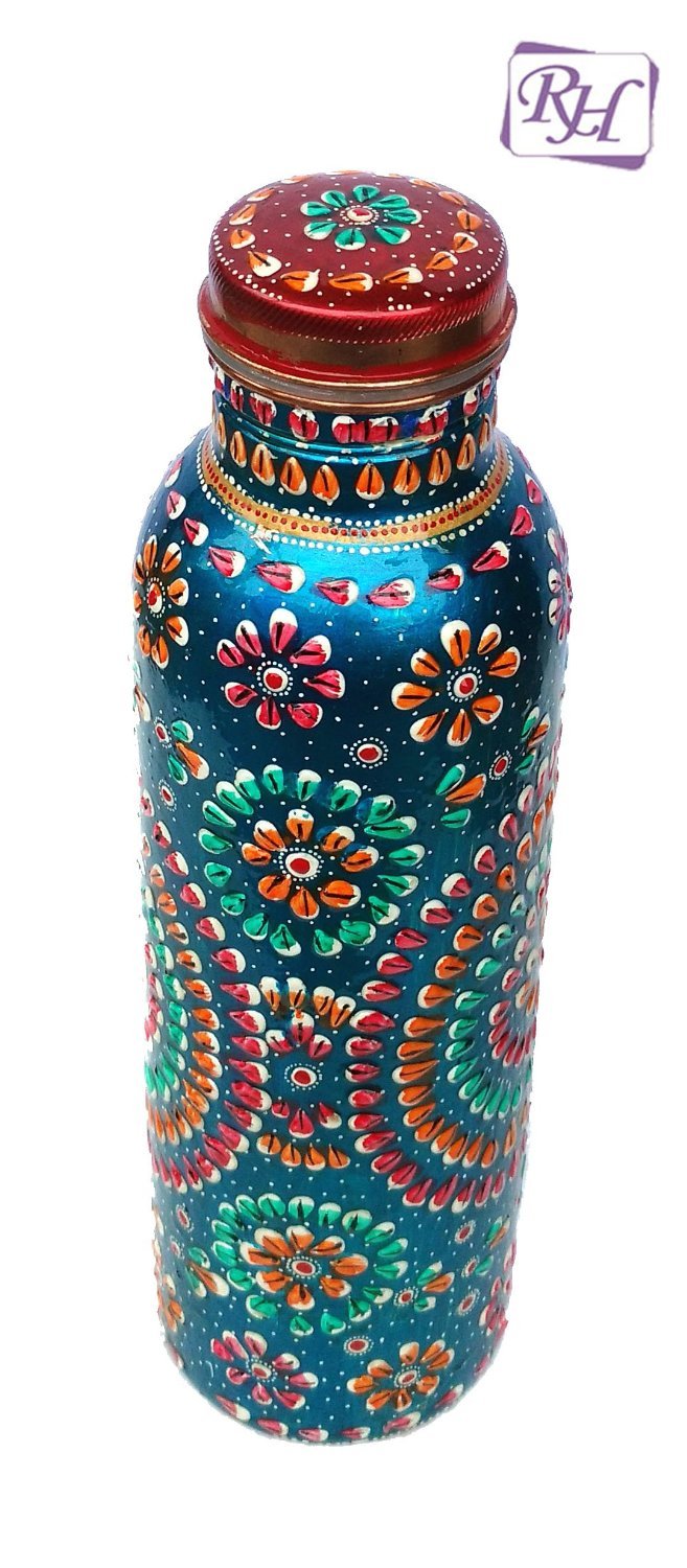 Rastogi Handicrafts Handmade Copper Outer Hand Painted Art Work terquoise color Water Bottle (Joint Free & leak proof) and Mug - Cup 16 oz (2)